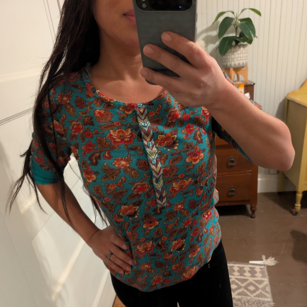 Sundance Cordelia Bloom Cotton Henley Thermal Top Teal Floral Embroidery Xs